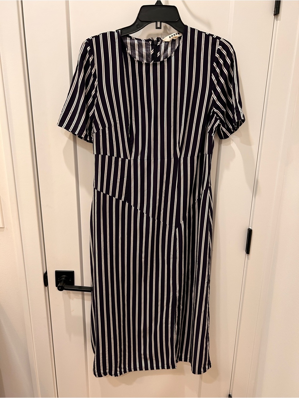 Boden Navy and White Vertical Stripe Midi Dress